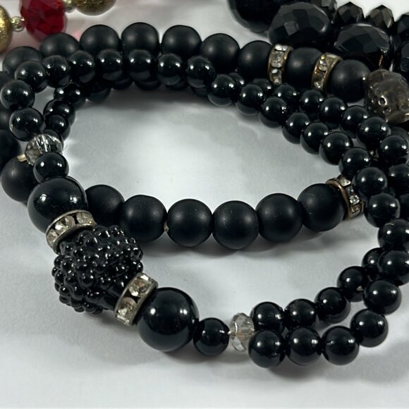 Lot 6 Stretch Bracelets Black Red Gold Beaded Layering Stacking Rhinestones - Picture 3 of 10